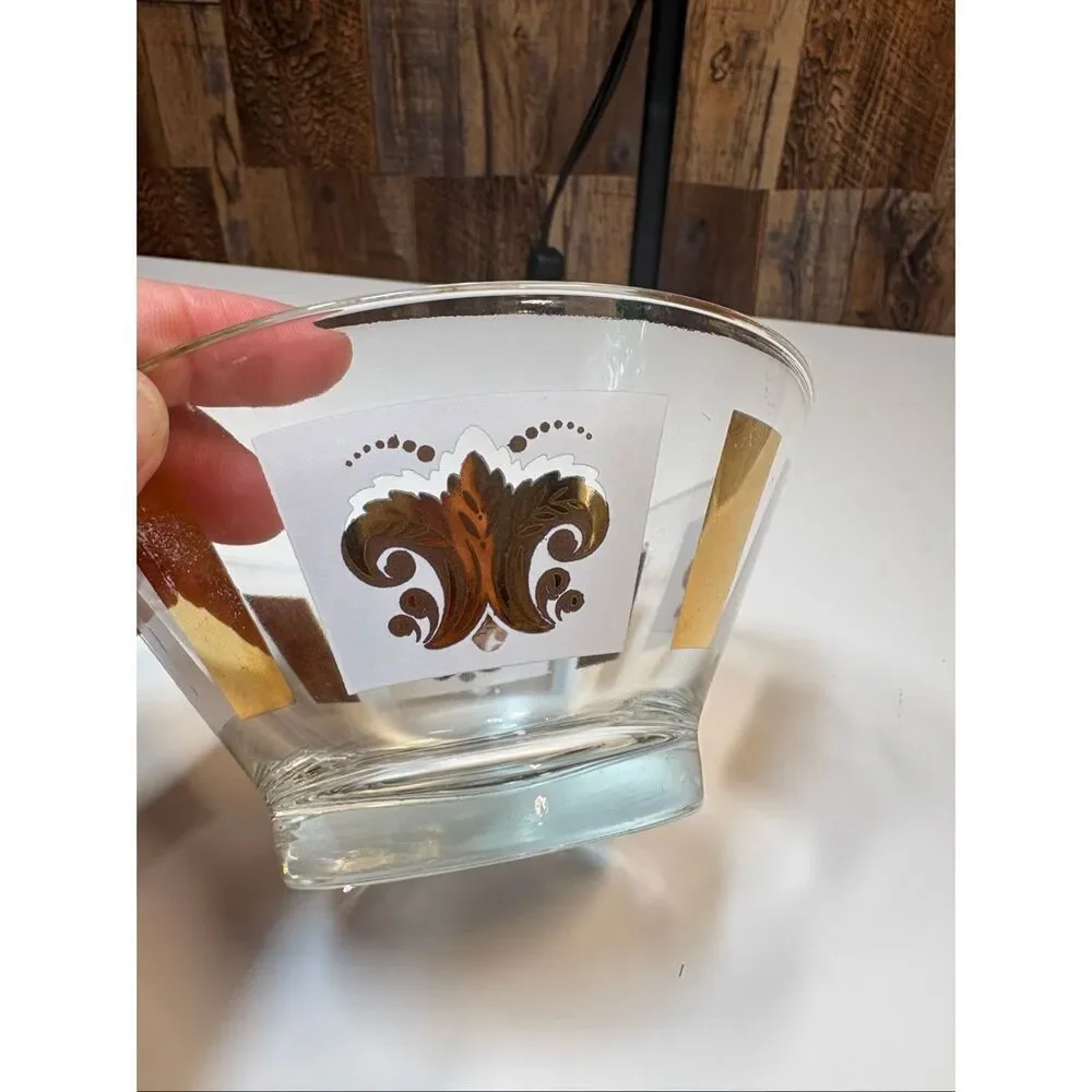 Vintage Mid Century Gold Scroll Barware Glass Bowl Atomic Style